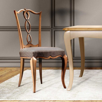 Sedia con sedile imbottito in tessuto, schienale a treccia