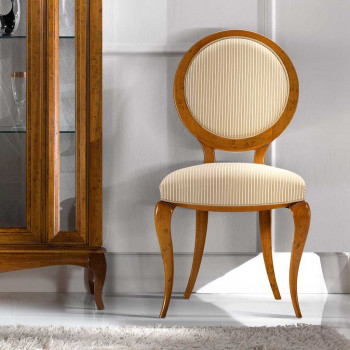 Sedia con schienale rotondo imbottito in tessuto, legno