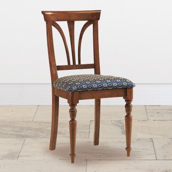 Sedia a volute con fondino in tessuto e gambe tornite