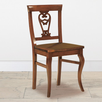Sedia gambe sagomate sedile in legno, schienale decorato