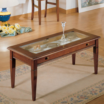 Tavolino rettangolare con cassetto e piano in vetro