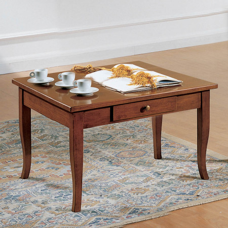 Tavolino quadrato con cassetto, piano legno massello