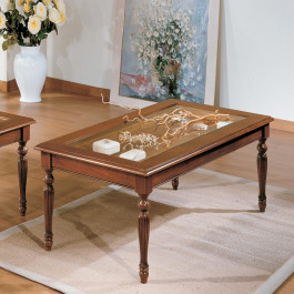 Tavolino a bacheca 100x50, dettagli classici in legno Tavolino a bacheca 100x50 con piano in vetro