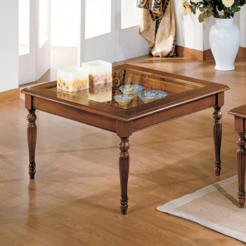 Tavolino quadrato 80 x 80 in legno e vetro, gambe tornite