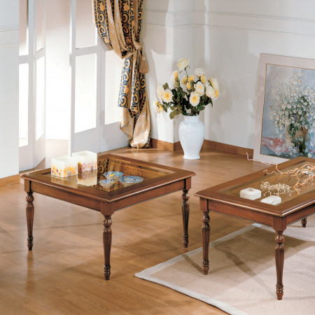 Tavolino quadrato 80x80 con piano in vetro e gambe tornite