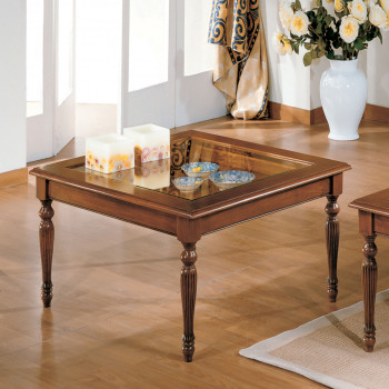 Tavolino bacheca 60 x 60 con piano in vetro e gambe tornite