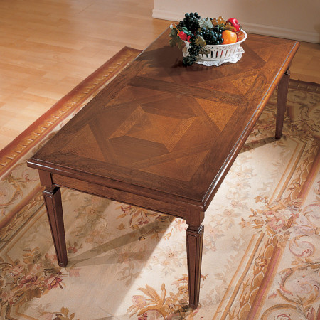 Tavolino 120x60 intarsio parquet, dettaglio gambe intarsiate