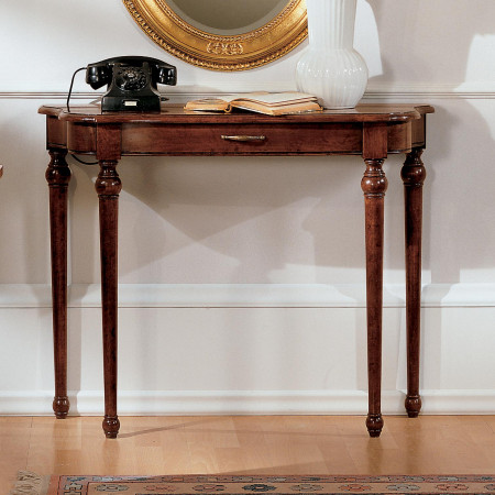 Consolle sagomata con cassetto, dettagli legno e design