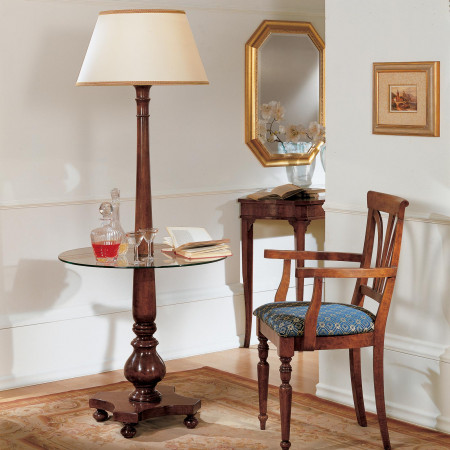 Lampada grande in legno massello con ripiano in vetro e paralume