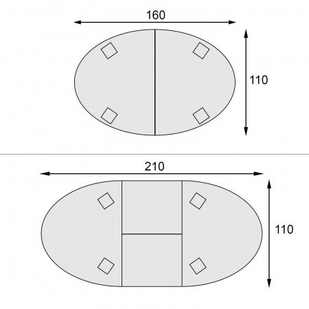 Tavolo ovale allungabile 160x110 a 210x110, dettaglio misure