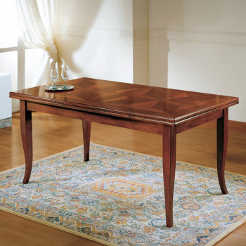 Tavolo intarsiato stella allungabile, dettaglio legno pregiato