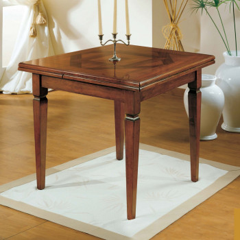 Tavolo intarsiato allungabile a libro, dettaglio legno pregiato