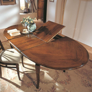 Tavolo ovale allungabile 160x110 aperto, legno intarsiato