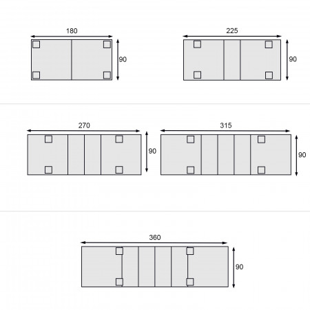 Schema dimensioni tavolo rettangolare allungabile 180x90 a 360x90