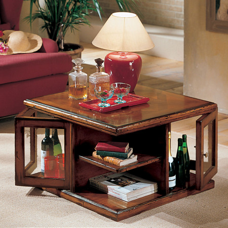 Tavolino bar con intarsio a parquet e vani porta bottiglie