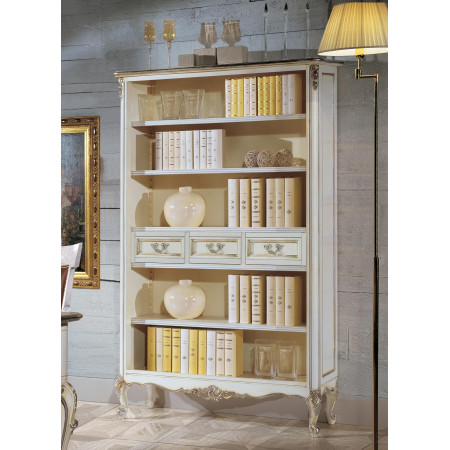 Libreria a giorno 3 cassetti intagliati, dettagli decorativi