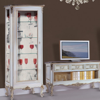 Vetrina con fianchi in vetro 1 anta sinistra, dettagli intagliati