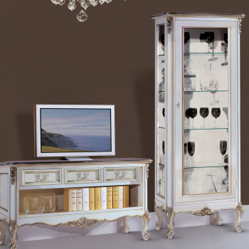 Vetrina con fianchi in vetro 1 anta destra, dettagli intagliati