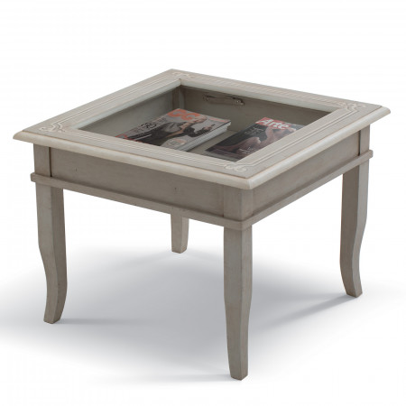 Tavolino Shabby Chic con piano in vetro e piedi a sciabola