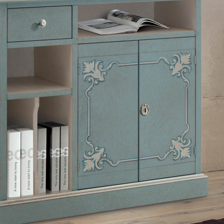 Mobiletto Shabby Chic con decori, dettaglio vani libreria