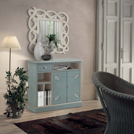 Mobiletto Shabby Chic con decori, dettaglio cassetto e ante