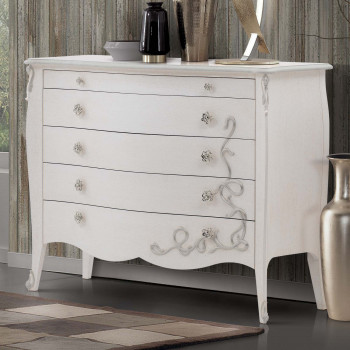 Comò 5 cassetti con decori intagliati e piedini alti