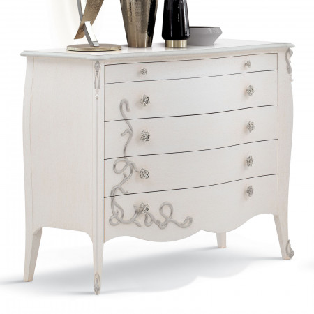 Comò 5 cassetti con decori intagliati e maniglie floreali