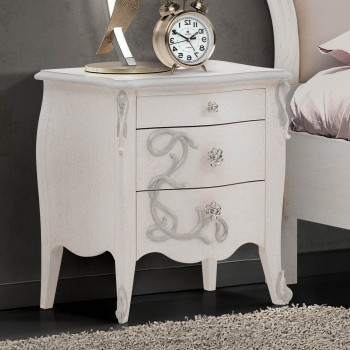 Comodino 3 cassetti con intagli floreali e piedi alti