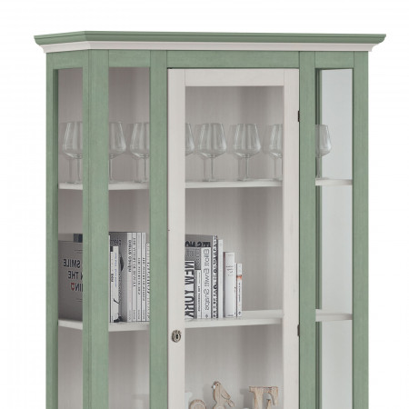 Vetrina Shabby Chic 1 anta con fianchi in vetro, dettaglio della colorazione verde