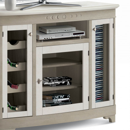 Porta TV Shabby Chic con 3 ante in vetro, dettaglio ripiani interni