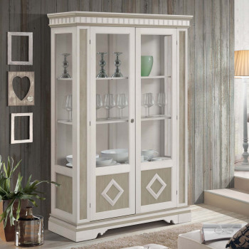 Vetrina Shabby Chic due ante in vetro con dettagli decorativi