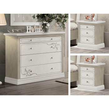 Gruppo notte shabby chic, dettaglio comò e comodini