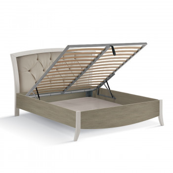 Letto Matrimoniale contenitore in legno con testata capitonnè e contenitore a scomparsa