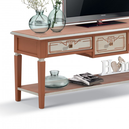 Porta TV Shabby Chic con 3 cassetti, dettaglio decorativo