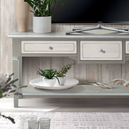 Porta TV Shabby Chic con 3 cassetti, dettaglio frontale