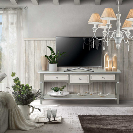 Porta TV Shabby Chic con 3 cassetti, dettaglio toni pastello