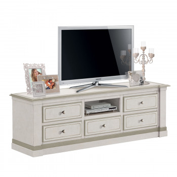 Porta TV Shabby Chic con 5 cassetti, dettagli decorativi