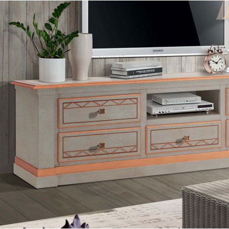 Porta TV Shabby Chic con 5 cassetti, dettaglio decorato