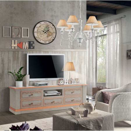 Porta TV Shabby Chic con 5 cassetti, dettaglio ambientato