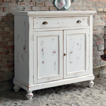 Credenza shabby chic con 2 ante e cassetto bianco consumato