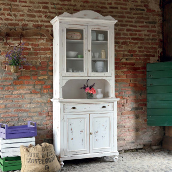 Credenza a 2 ante con vetrina e vano a giorno shabby chic, dettaglio frontale
