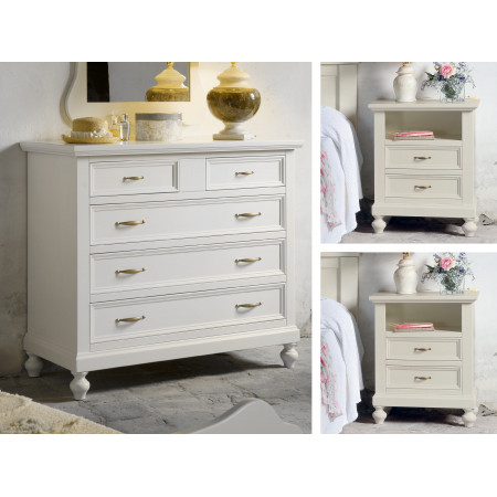 Gruppo notte shabby chic con comò e comodini a piedi torniti