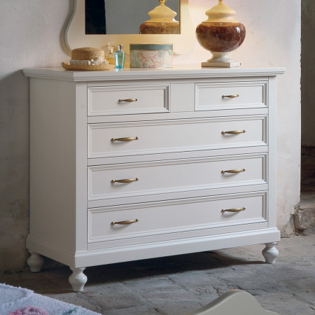 Comò 5 cassetti shabby chic con piedi torniti e maniglie dorate