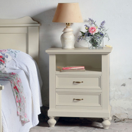 Comodino 2 cassetti e vano shabby chic con piedini torniti
