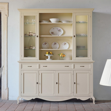 Credenza con vetrina a 4 ante shabby chic in legno