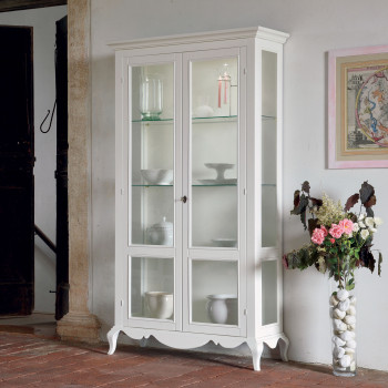 Vetrina shabby chic con due ante in vetro in legno di tiglio