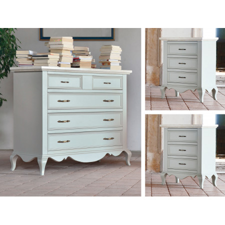 Gruppo notte shabby chic con comò e comodini, piedini a sciabola