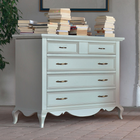 Comò 5 cassetti shabby chic con piedini a sciabola