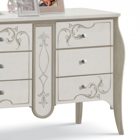 Credenza Shabby Chic 6 cassetti, dettaglio decori artigianali