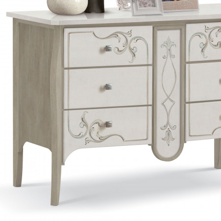 Credenza Shabby Chic 6 cassetti, dettaglio decorazioni